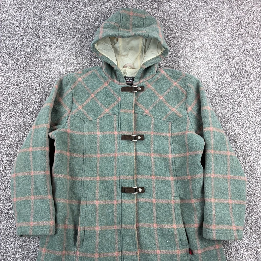 Woolrich Duffle Coat Women's Large Green Plaid Hooded Toggle Wool Blend 15606
